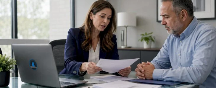 Bankruptcy attorney consulting client in office