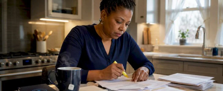 Woman reviewing bankruptcy exemption paperwork at home