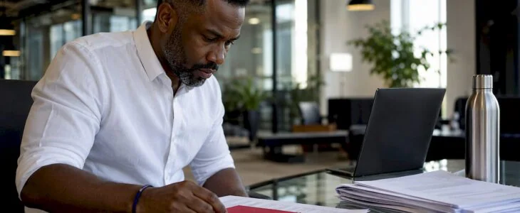 Investor reviewing real estate contract at office table