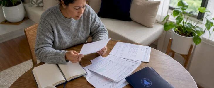 Woman reading foreclosure notice at kitchen table