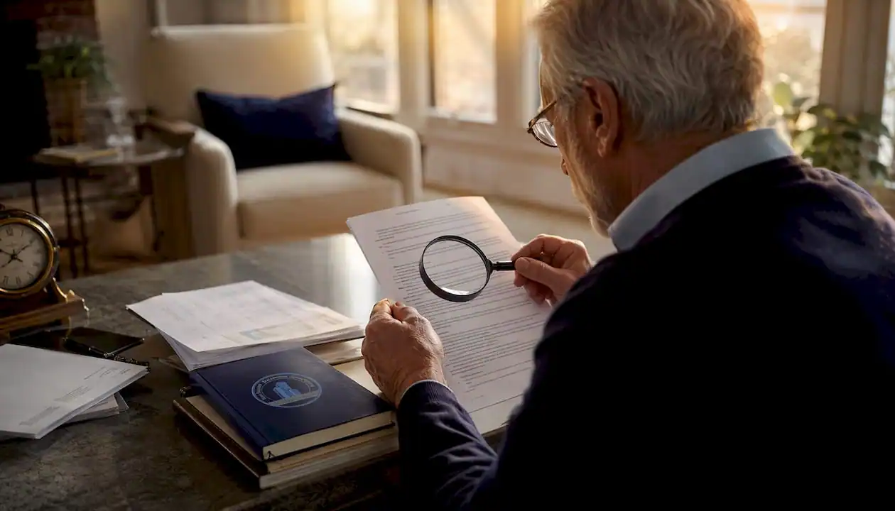 Close-up of hands examining contract with magnifier