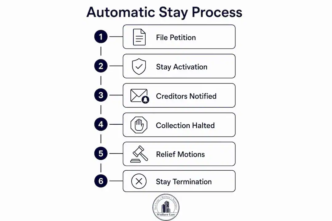 Infographic illustrating automatic stay process steps